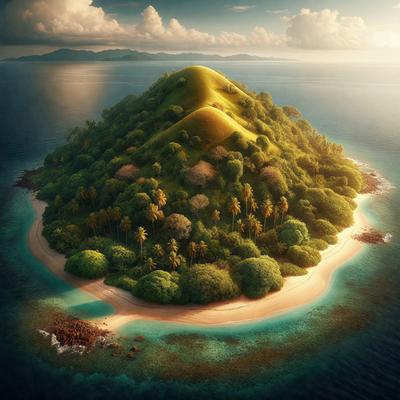 The primary subject of the image is a large, lush green island with a sandy beach. The island is surrounded by a beautiful blue ocean. The setting is a tropical environment, with the island being the main focus of the image. The visual style is a combination of photo and digital art, creating a realistic yet artistic representation of the island. The colors and mood of the image are vibrant and serene, with the greenery and blue waters evoking a sense of tranquility and natural beauty.